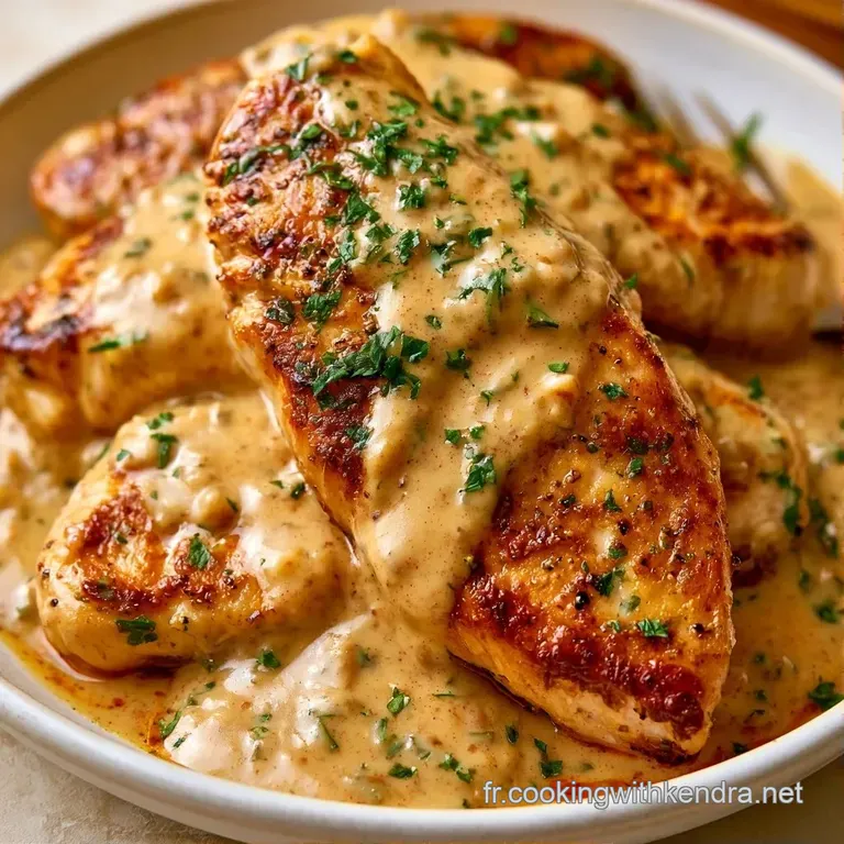 Morceaux de poulet tendres et brillants reposant dans une sauce onctueuse beige, dress&eacute;s avec soin dans une assiette.
