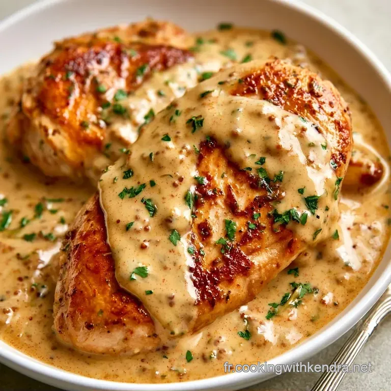 Blancs de poulet tendres sur une assiette blanche, entour&eacute;s d'un coulis cr&eacute;meux et brillant, d&eacute;cor&eacute;s de persil frais.