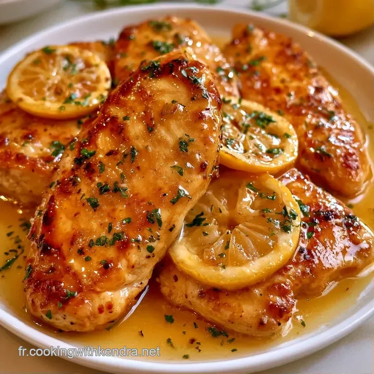 Filets de poulet tendres dispos&eacute;s avec soin, napp&eacute;s d'une cr&egrave;me onctueuse et citronn&eacute;e sur une assiette blanche.