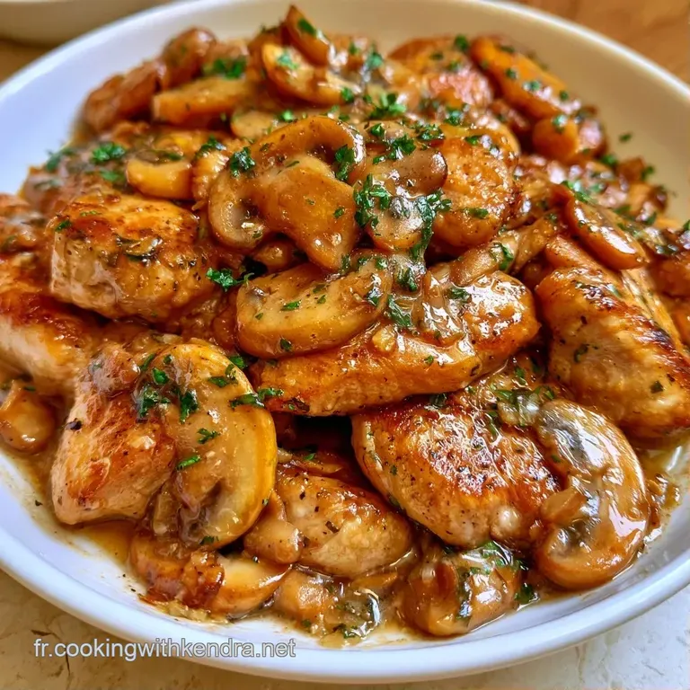Assiette blanche &eacute;pur&eacute;e pr&eacute;sentant du poulet tendre et des champignons fondants sous une sauce cr&eacute;meuse et brillante.