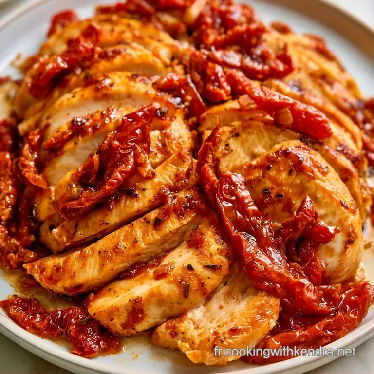 Morceaux de viande juteuse et tomates s&eacute;ch&eacute;es brillantes dispos&eacute;s avec soin dans une assiette blanche &eacute;pur&eacute;e.