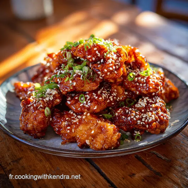 Korean chicken beautifully plated: vibrant, glazed chicken thighs over rice, garnished with scallions and sesame seeds. In...