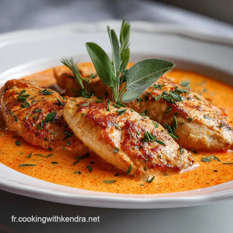 Elegant plate with juicy chicken in rich tomato cream sauce, accented by bright green herbs. Steaming rice complements the...