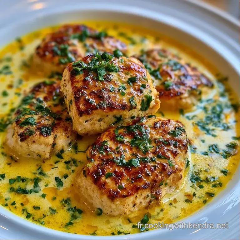 Bol blanc minimaliste contenant une sauce coco jaune &eacute;clatante, poulet fondant et feuilles de coriandre fra&icirc;che.