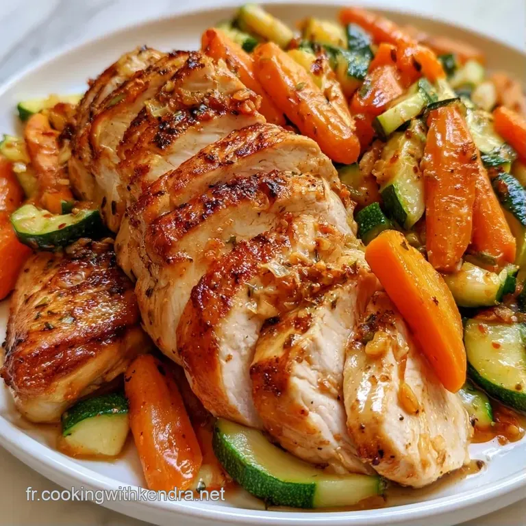 Mise en sc&egrave;ne raffin&eacute;e de morceaux de poulet juteux et l&eacute;gumes multicolores, dispos&eacute;s avec soin dans une assiette blanche.