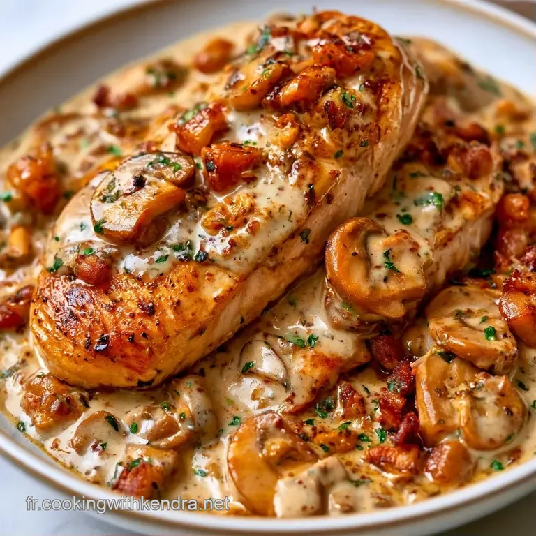 Assiette blanche pr&eacute;sentant du poulet tendre napp&eacute; de cr&egrave;me jaune, agr&eacute;ment&eacute; de champignons et de persil vert frais.