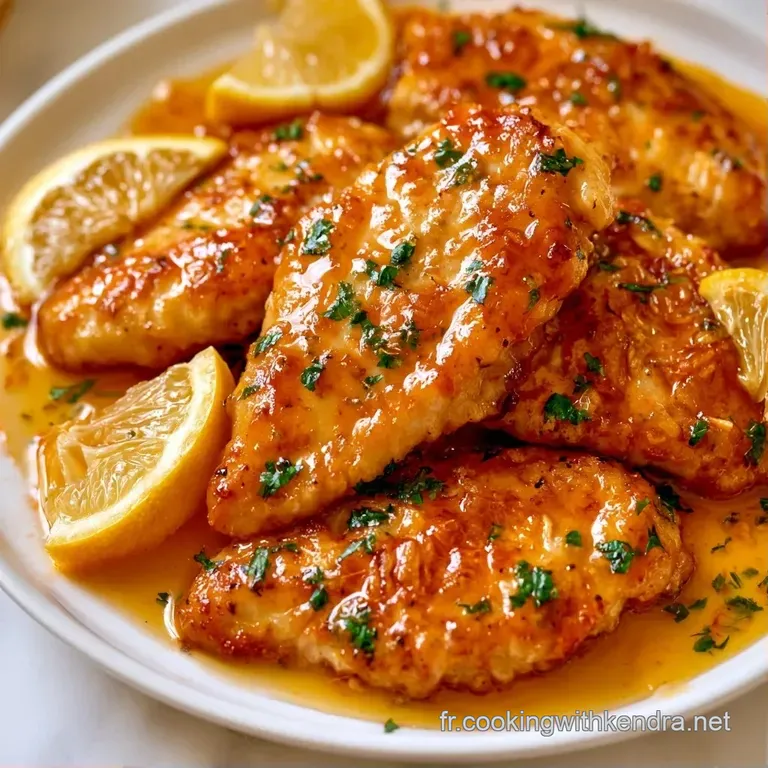 Morceaux de poulet juteux &agrave; la robe orang&eacute;e, dress&eacute;s avec soin avec des quartiers de citron et un filet de sauce.