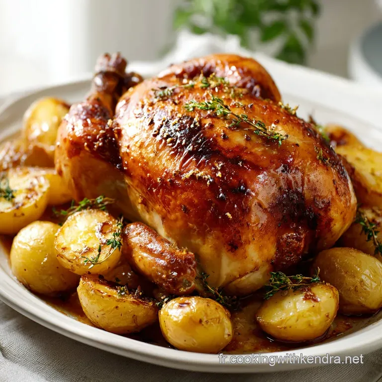 Tranche de blanc de poulet juteuse pos&eacute;e sur un lit de l&eacute;gumes fondants, d&eacute;cor&eacute;e d'une branche de thym vert frais.