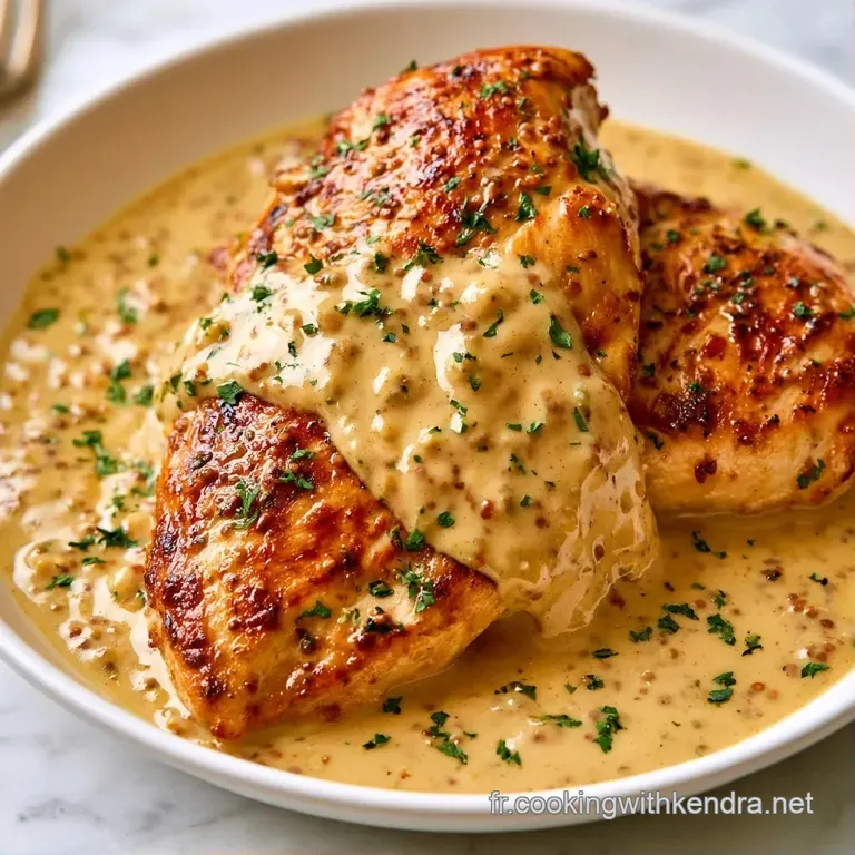 Filets de poulet juteux dispos&eacute;s avec soin dans une assiette blanche, entour&eacute;s d'une cr&egrave;me lisse et brillante.