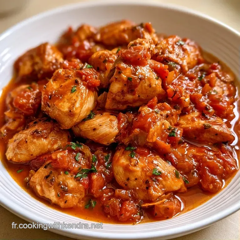 Pi&egrave;ces de poulet juteuses dispos&eacute;es dans une assiette blanche, entour&eacute;es d'un coulis rouge vif et d'herbes cisel&eacute;es.