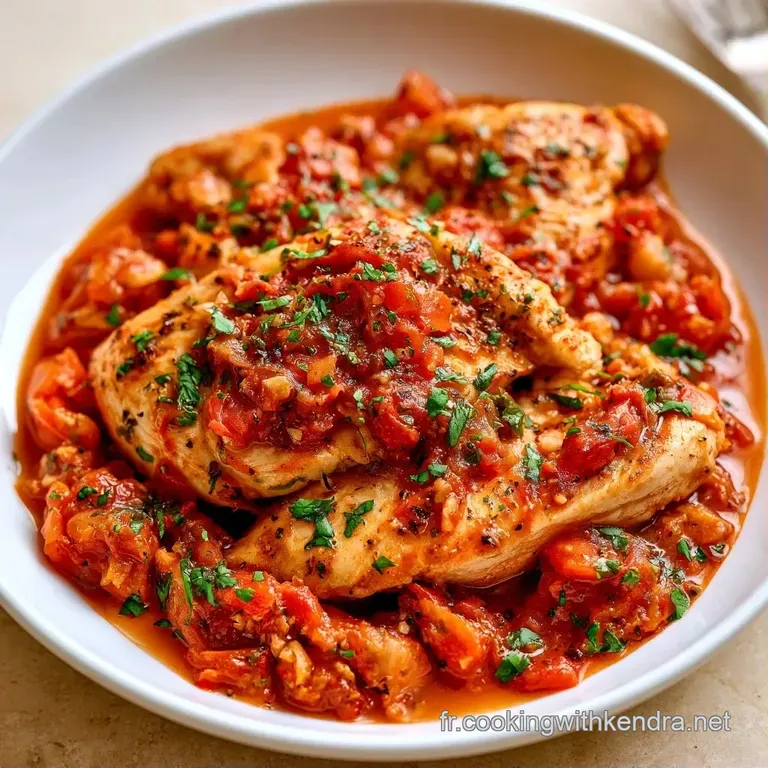 Morceaux de poulet tendres dans une assiette blanche, entour&eacute;s d'une sauce tomate onctueuse et d'un brin de persil frais.
