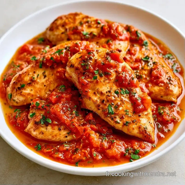 Morceaux de poulet tendres dispos&eacute;s avec soin dans une assiette blanche, entour&eacute;s de tomates fondantes et de thym.