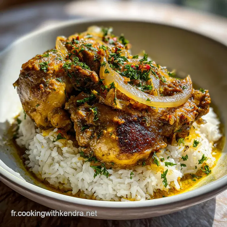 A glistening mound of chicken and onions, fragrant with spices, served over fluffy white rice in a shallow white bowl.