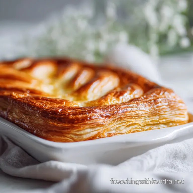 Elegant pastry slice revealing buttery layers. Lightly browned top with a subtle shimmer. A delightful, flaky treat on a w...