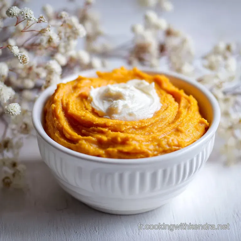 Elegant swirl of velvety sweet potato pur&eacute;e, garnished with fresh thyme sprigs on a white plate, ready to be served.