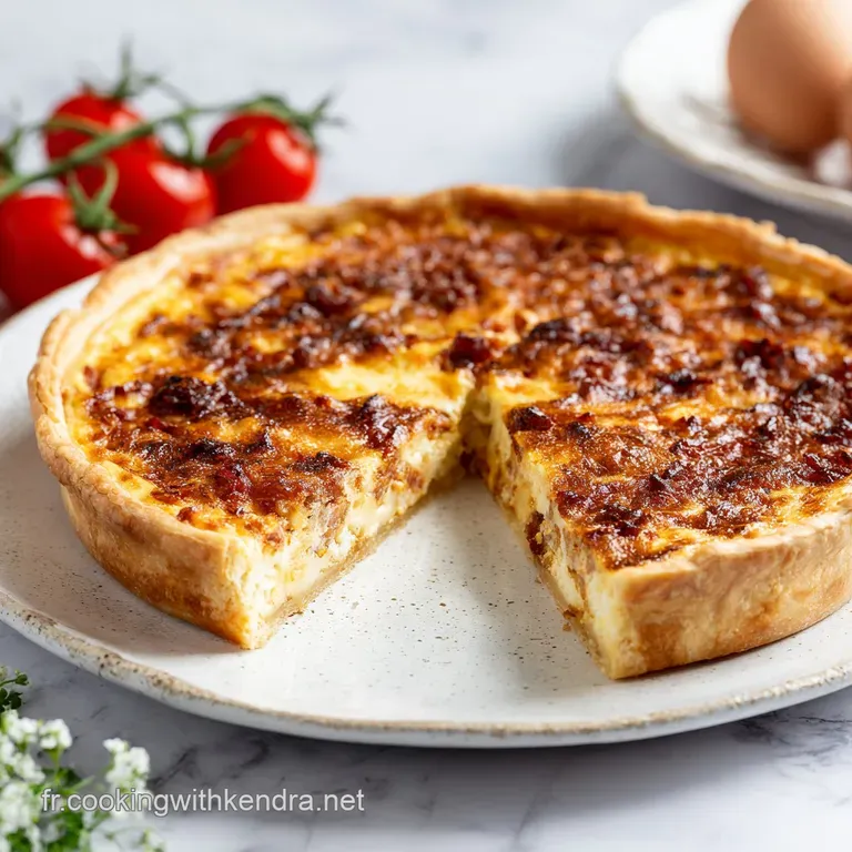 A single slice of quiche, perfectly browned, rests on a white plate with a side of fresh greens.