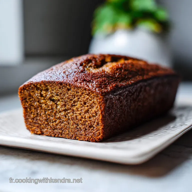 A thick slice of banana cake, glistening with moisture, sits on a white plate, invitingly set with fork ready for indulgence.