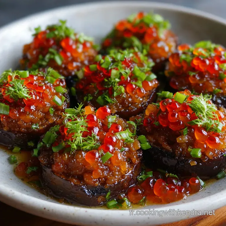 Elegant plate of eggplant caviar, drizzled with olive oil and garnished with fresh herbs. Crusty bread slices sit alongside.