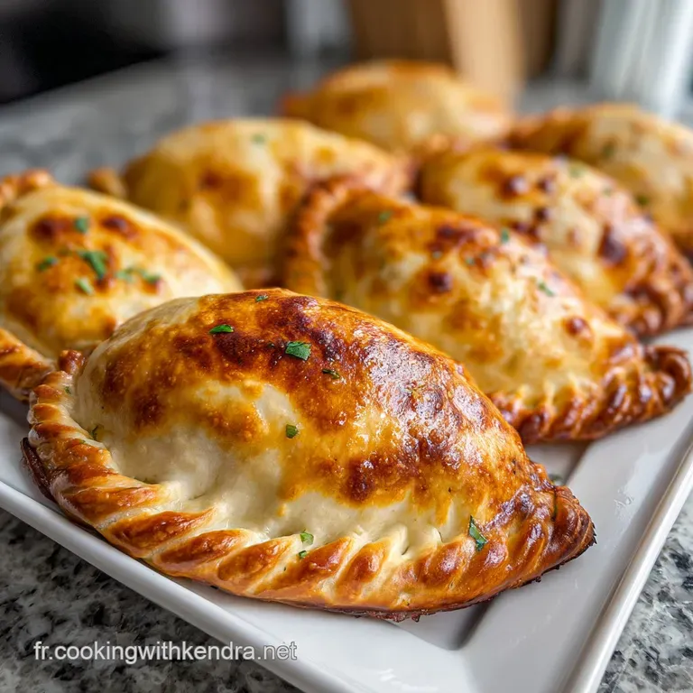 Flaky, golden empanada on a white plate with a side of bright, colorful salsa. Steam gently rises, hinting at the warm fil...