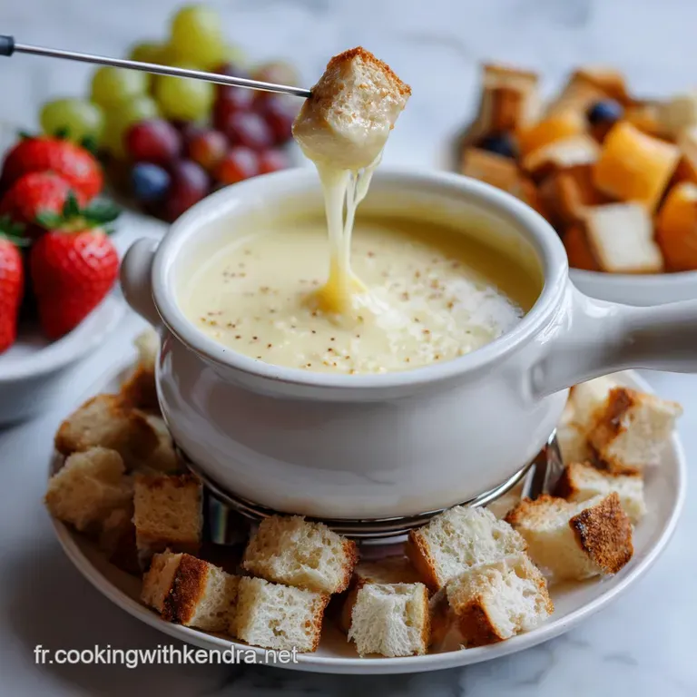 Creamy, bubbling fondue savoyarde served in a rustic ceramic pot, alongside a curated platter of rustic bread cubes.
