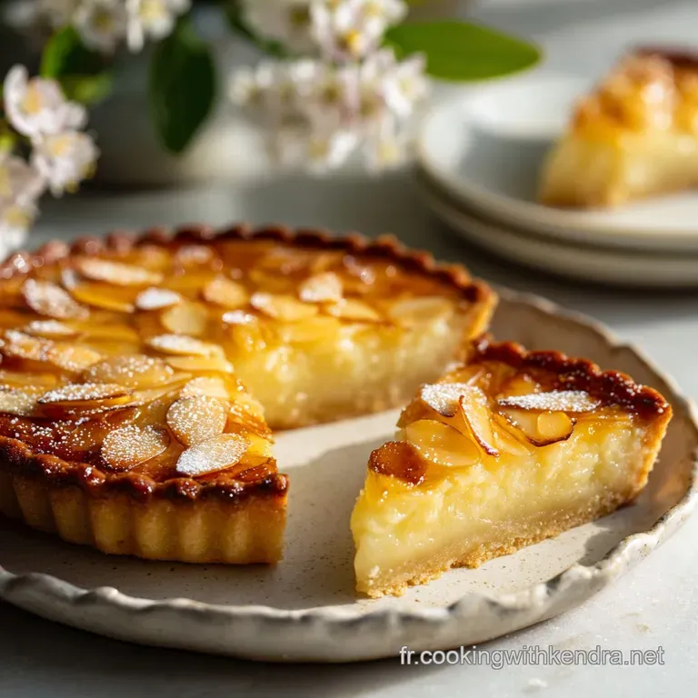 Slice of almond frangipane tart, rich filling oozing slightly, on a white plate. Powdered sugar and almond garnish.
