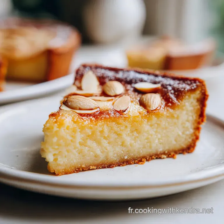 Slice of frangipane tart with visible almond filling, served on a white plate, inviting and elegant with a dusting of conf...