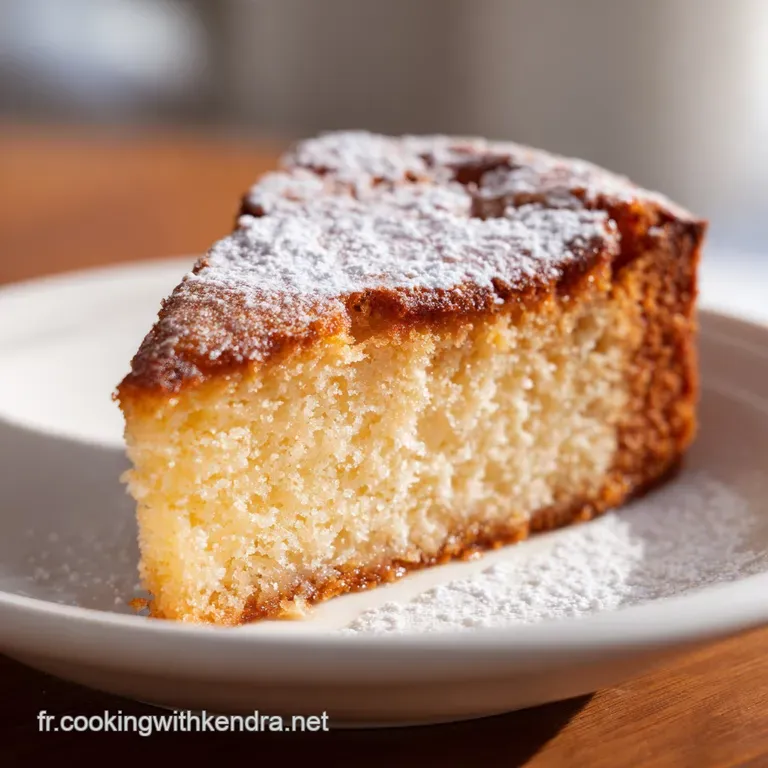 Slice of G&acirc;teau Breton on a white plate, next to dollop of cream. Crumbly texture visible; a simple and satisfying dessert.