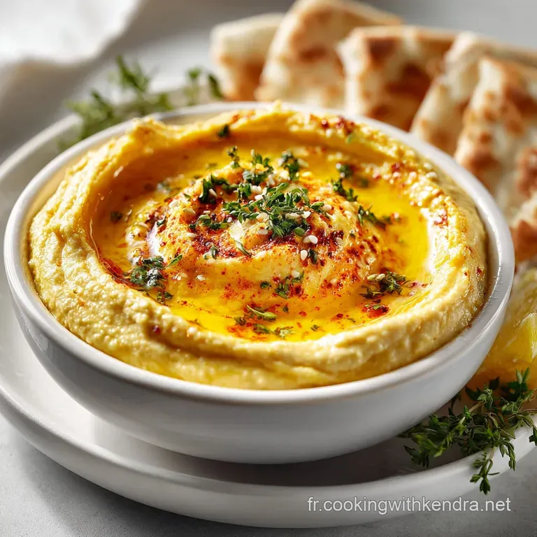 Smooth, light beige hummus artfully plated, garnished with vibrant parsley & glistening olive oil. A drizzle of golden per...