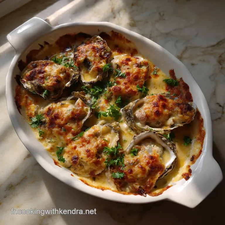 Elegant plate featuring creamy, gratin&eacute;ed oysters with a golden crust, presented alongside a delicate, vibrant green salad...