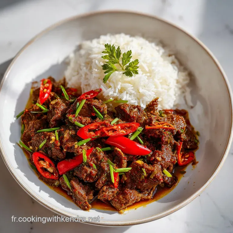 Elegant bowl of Senegalese Mafe: a glossy, deep-red stew with tender beef and veggies. Served with fluffy white rice.