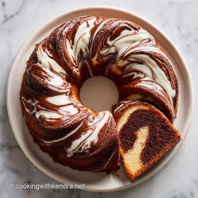 Slice of marble cake showcasing the intricate swirl of dark and light chocolate, dusted with powdered sugar, inviting taste.