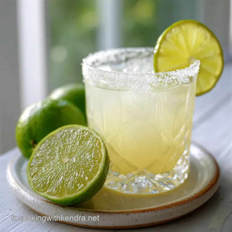 Elegant margarita presentation: Frosty glass rimmed with salt, filled with a vibrant green cocktail and garnished with a b...