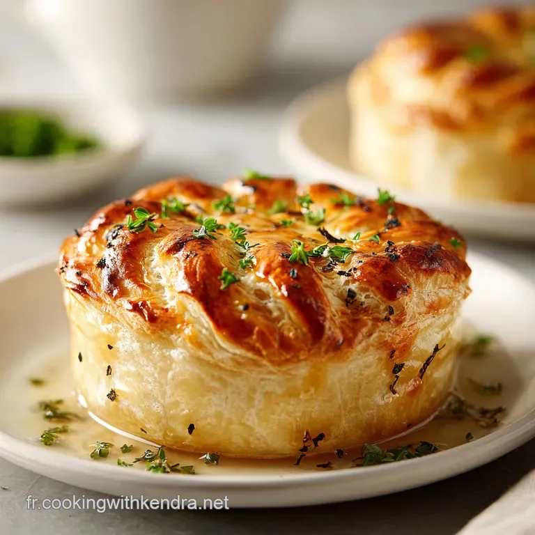 Slice of ornate p&acirc;t&eacute; en cro&ucirc;te on a white plate, alongside vibrant greens. Intricate pastry design and rich color contrast...