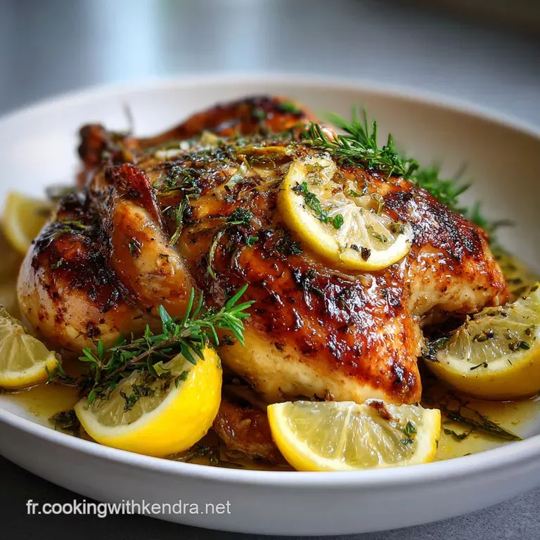 Crispy baked chicken on a white plate, garnished with parsley and a lemon wedge. Light catching the juicy, textured skin.