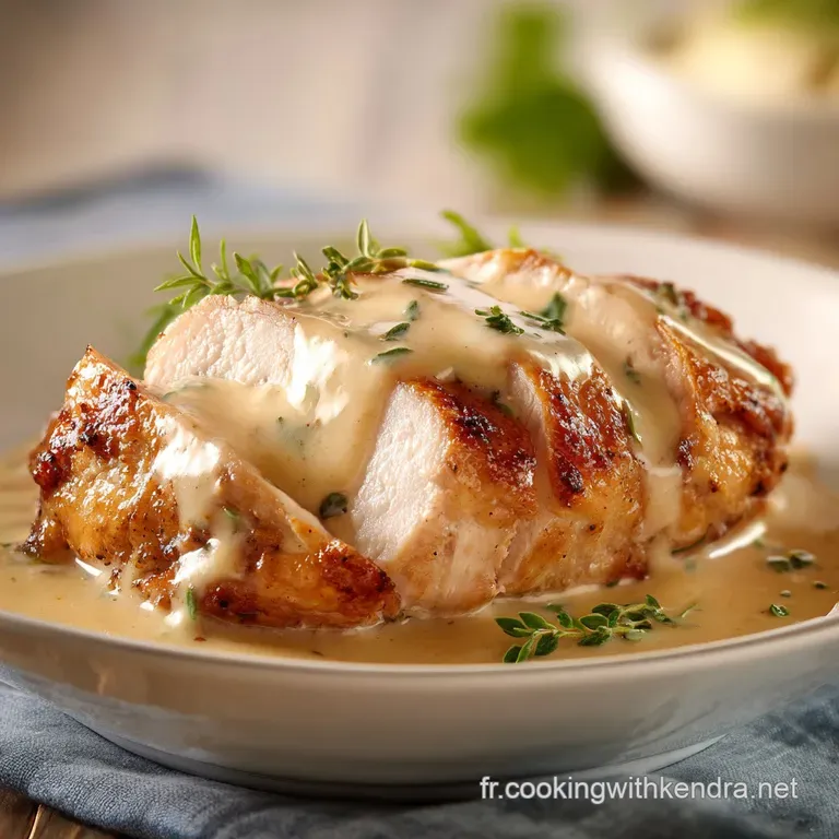 Golden chicken breast atop velvety sauce, garnished with fresh parsley, on a clean white plate.
