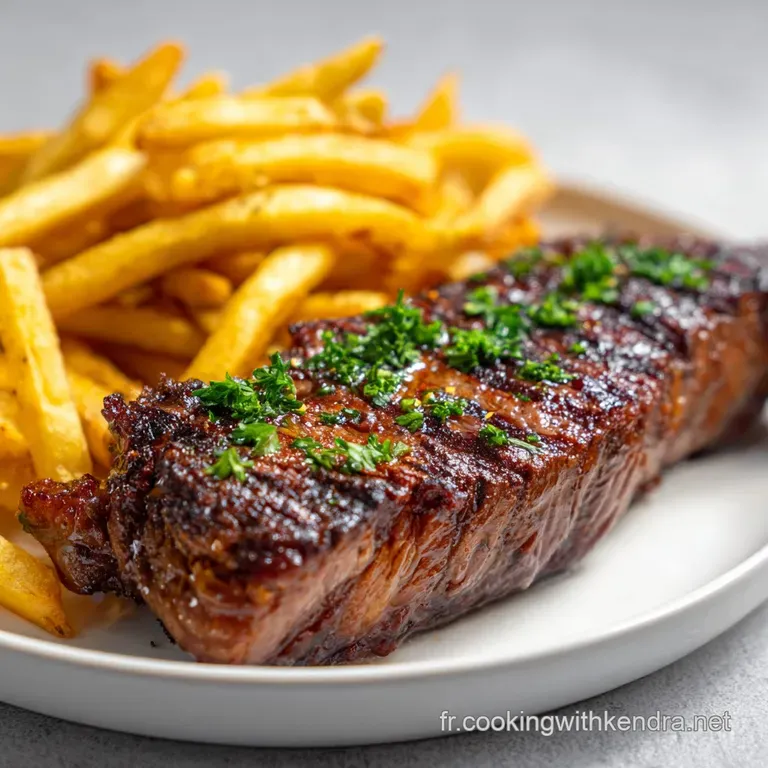 Perfectly cooked steak and crispy fries artfully arranged on a white plate with a sprig of rosemary.