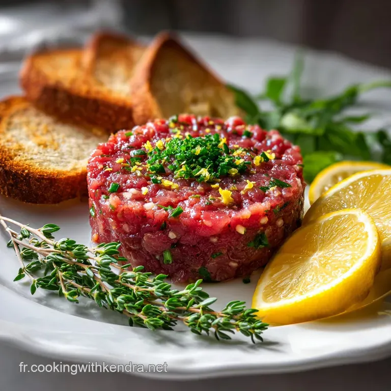 Elegant beef tartare plated with microgreens, a glistening quail egg yolk, and crisp toast points, ready to be enjoyed.