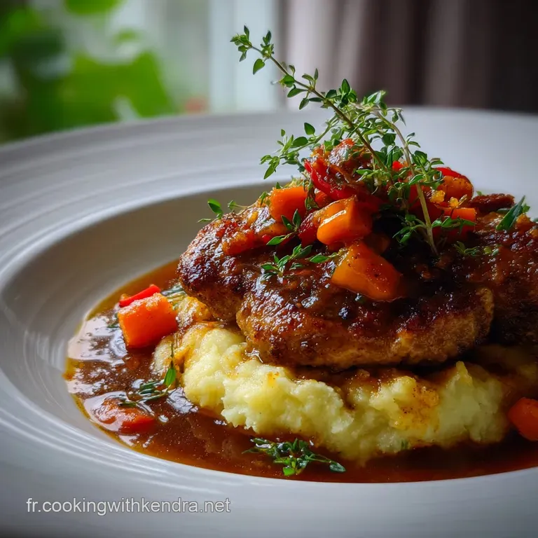 Slices of tender veal roast with vibrant orange carrots and creamy white onions, drizzled with savory sauce on a white plate.
