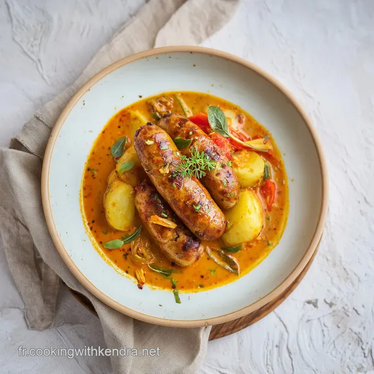 Plated sausage rougail with a vibrant, savory tomato sauce. Steamy rice alongside promises a hearty, satisfying meal.