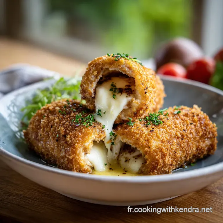 Two crispy chicken rolls drizzled with creamy sauce on a white plate, garnished with delicate micro-greens.