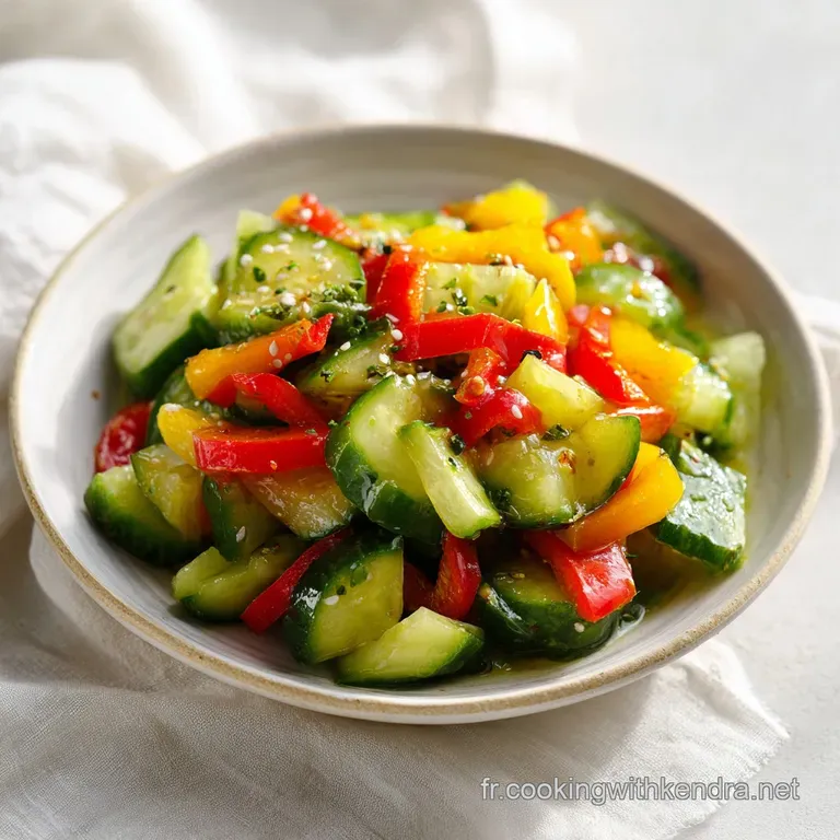 A colorful salad of thinly sliced cucumber and red, yellow, and green peppers artfully arranged on a plate.