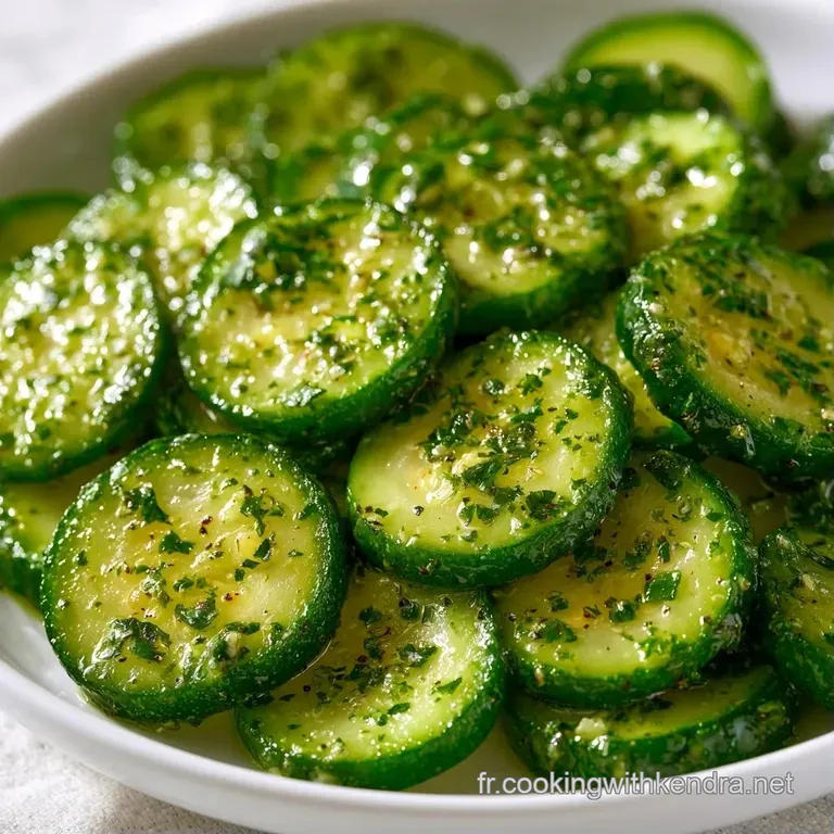 Courgettes fondantes dispos&eacute;es avec soin dans une assiette blanche, contrastant avec des &eacute;clats de fromage et d'herbes.