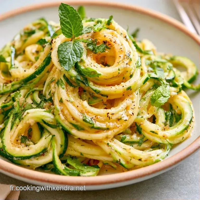 Rubans de courgettes croquants enroul&eacute;s avec &eacute;l&eacute;gance, napp&eacute;s d'un filet d'huile dor&eacute;e dans une assiette blanche &eacute;pur&eacute;e.
