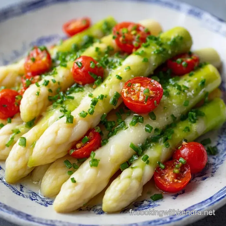 Assiette blanche &eacute;pur&eacute;e o&ugrave; s'alignent des asperges p&acirc;les, relev&eacute;es de zestes jaunes et d'un filet d'huile brillante.