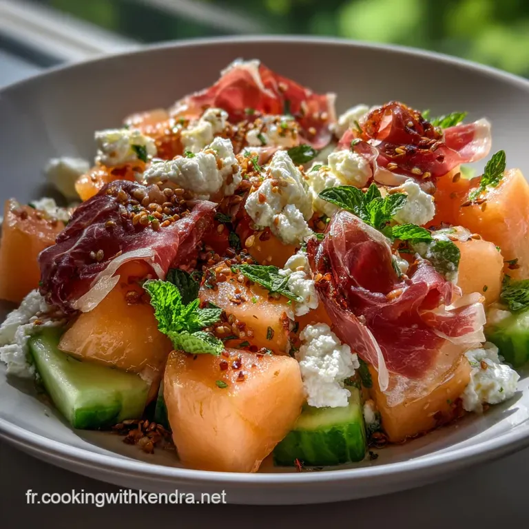 Elegant plate featuring juicy melon, crumbled feta, and thin slices of prosciutto, artfully arranged with a balsamic glaze.
