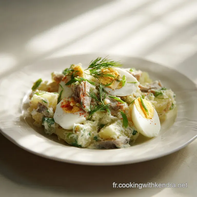 Elegant potato and herring salad plated with a delicate drizzle of dressing and a sprig of fresh dill for a refined touch.