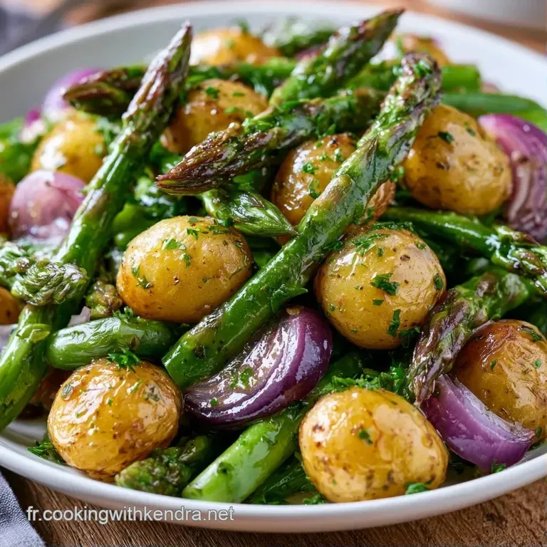 Asperges vertes align&eacute;es avec des d&eacute;s de pommes de terre dor&eacute;s, napp&eacute;s d'une sauce onctueuse et d'herbes fra&icirc;ches.