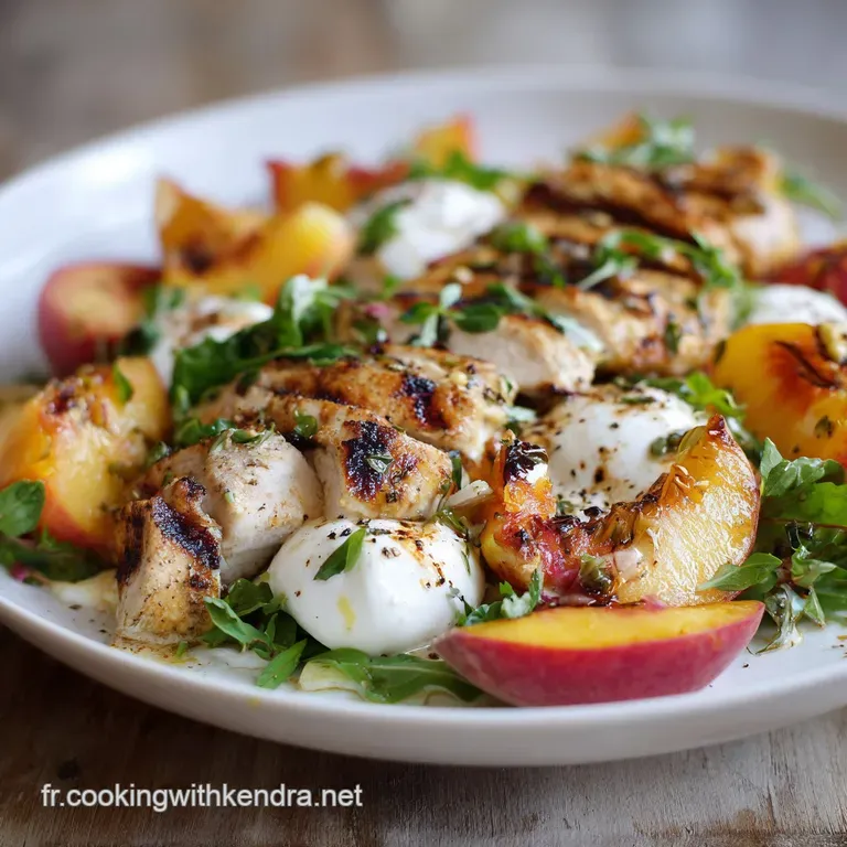 Lharmonie Estivale Salade De Poulet Grill&eacute; P&ecirc;ches Caram&eacute;lis&eacute;es Et Burrata presentation