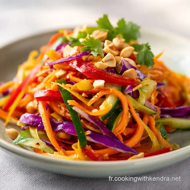 Neatly piled colorful julienned vegetables on a dark plate, drizzled with creamy peanut sauce and cilantro.