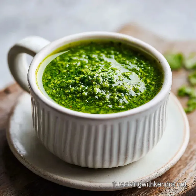 Close-up of a bright red tomato slice topped with thick, lumpy, bright green pistou sauce and drizzled with golden olive oil.